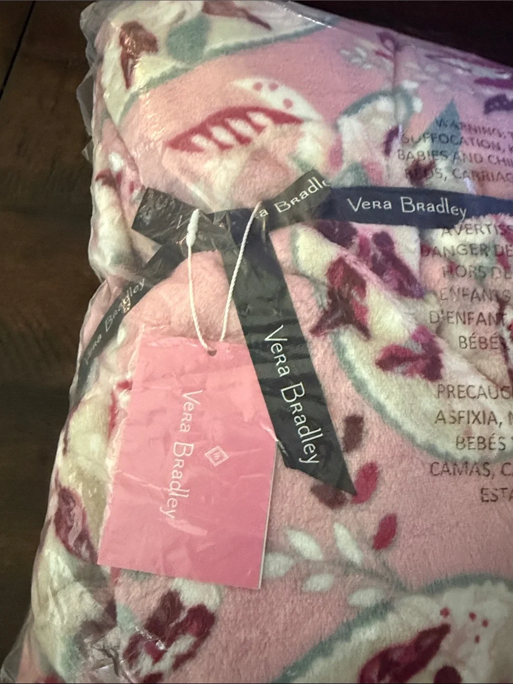 Vera Bradley Pink Floral Plush Throw Blanket with Burgundy Accents- 80”x50”